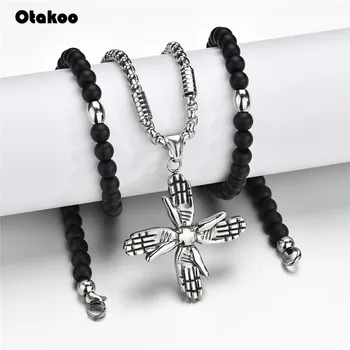 

Otakoo Vintage Buddhist Stainless Steel Necklace Black Beads Statement Necklaces Buddha Hand Pendants Necklace Women men