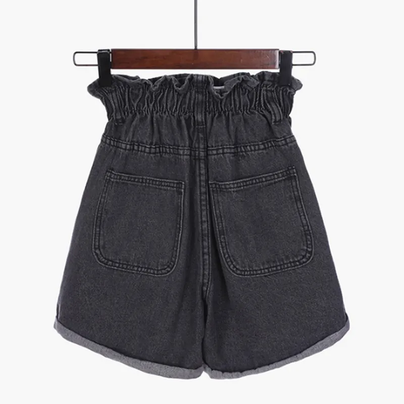 S-5XL Korean Women's Shorts Plus Size Elastic High Waist Denim Shorts Women Loose Crimping Jean Shorts Summer Short Pants Women - Color: Black