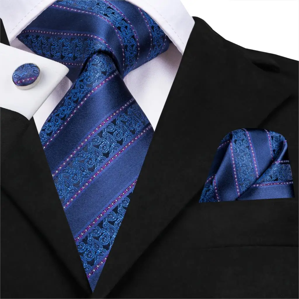 C-3135 Hi-Tie New Striped Blue Necktie Silk Ties for Men Hanky Cufflinks Set Fashion Men
