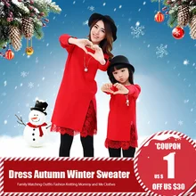 Платье для мамы и дочки осень-зима теплое красное кружево двухфактурный свитер Семья подходящая друг к другу одежда модные Вязание одежда для мамы и меня