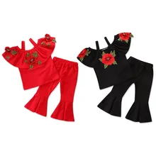 Детская одежда с розами для маленьких девочек топы на бретельках с оборками для маленьких девочек+ расклешенные штаны комплекты из 2 предметов Детская летняя одежда