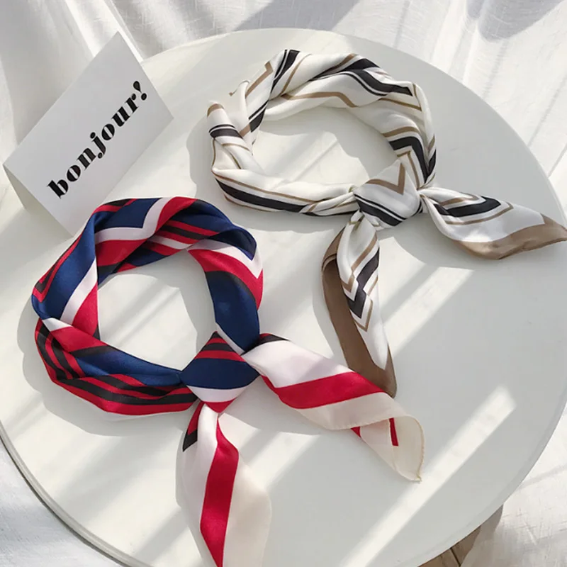 

2019 Summer Square Scarf for Women Bohemian Ethnic Print Ribbon Skinny Chiffon Scarfs Female Chiffon Silk Scarf Striped 70*70cm