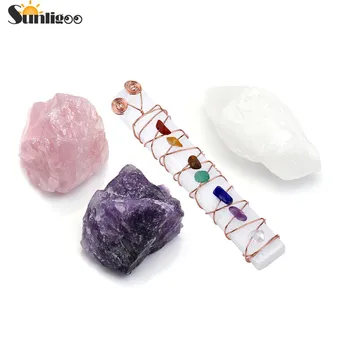 

Sunligoo 7 Chakra Reiki Healing Stones Kit/Rough Amethyst Rose Quartz Raw Stone&Rose Gold Copper Wire Wraped Raw Selenite Stick