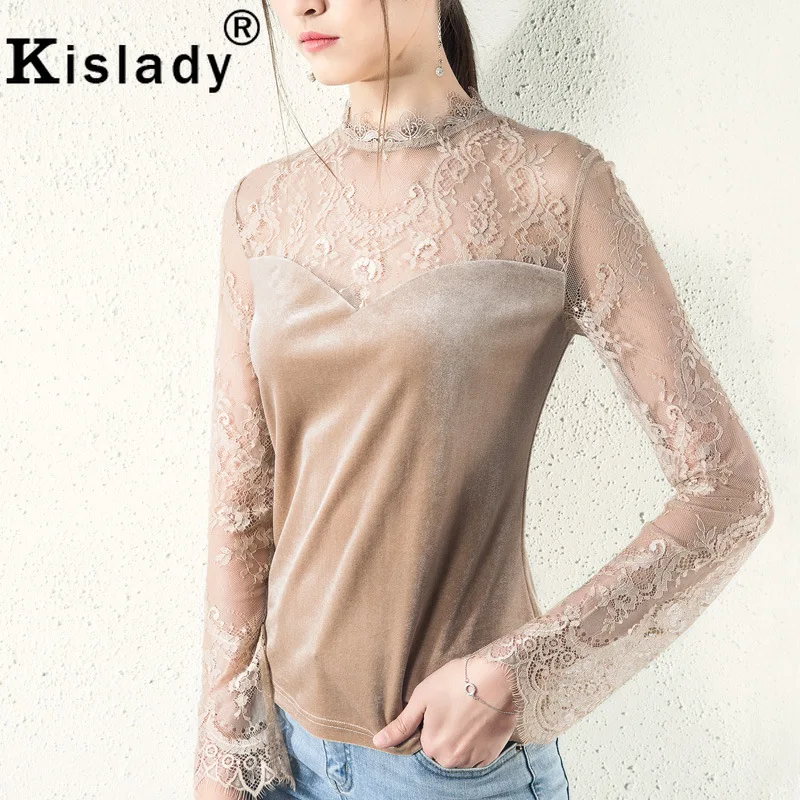 Kislady сезон: весна-лето кружево Лоскутная Блузка для женщин; большие размеры пикантные сетчатые топ с круглым вырезом с расклешенными рукавам