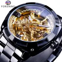 Forsining Retro Classic Royal Design Golden Skeleton Black Steel Transparent Mens Automatic Mechanical Watches Top Brand Luxury