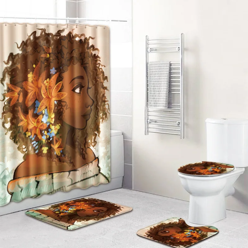 Противоскользящий коврик для ванной набор африканские женщины 4 шт занавески для душа набор ковров для ванной комнаты коврик для туалета для домашнего декора с 12 шт крючками