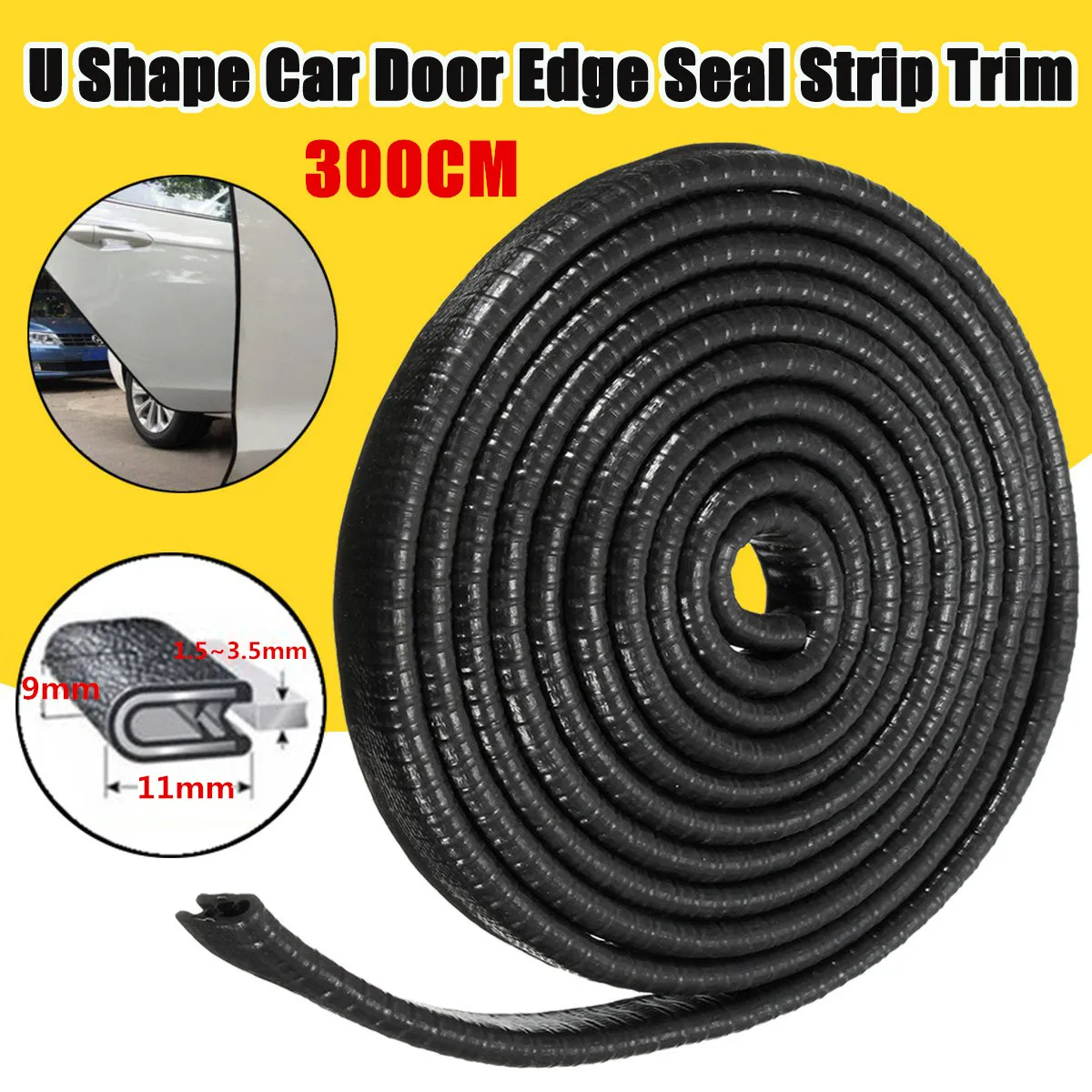 

Autoleader 300cm U Shape Car Door Side Weather Seal Strip Sealing Guard Mold Trim Universal 10FT Rubber Sealant for 1.5-3.5mm