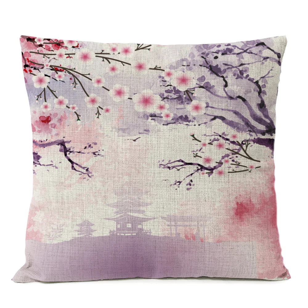 Japanese Fuji Cherry Cushion Cover Home Decorative Pillows Japan Ukiyo-e Wave Pillow Cover Linen Pillow Case Cojines Almofada