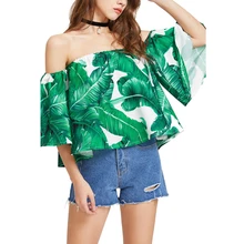 FCCEXIO 2017 New Women’s Summer Green Blouse Ruffles Shirts Off Shoulder Tops Palm Leaf Tropical Print Tops Blusas Female