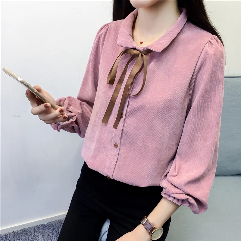 Autumn Long Sleeve Women Shirt Preppy Style Bow Woman Shirt Corduroy Plus Thick Solid Color Women Blouses Turn-Down Collar Top (15)
