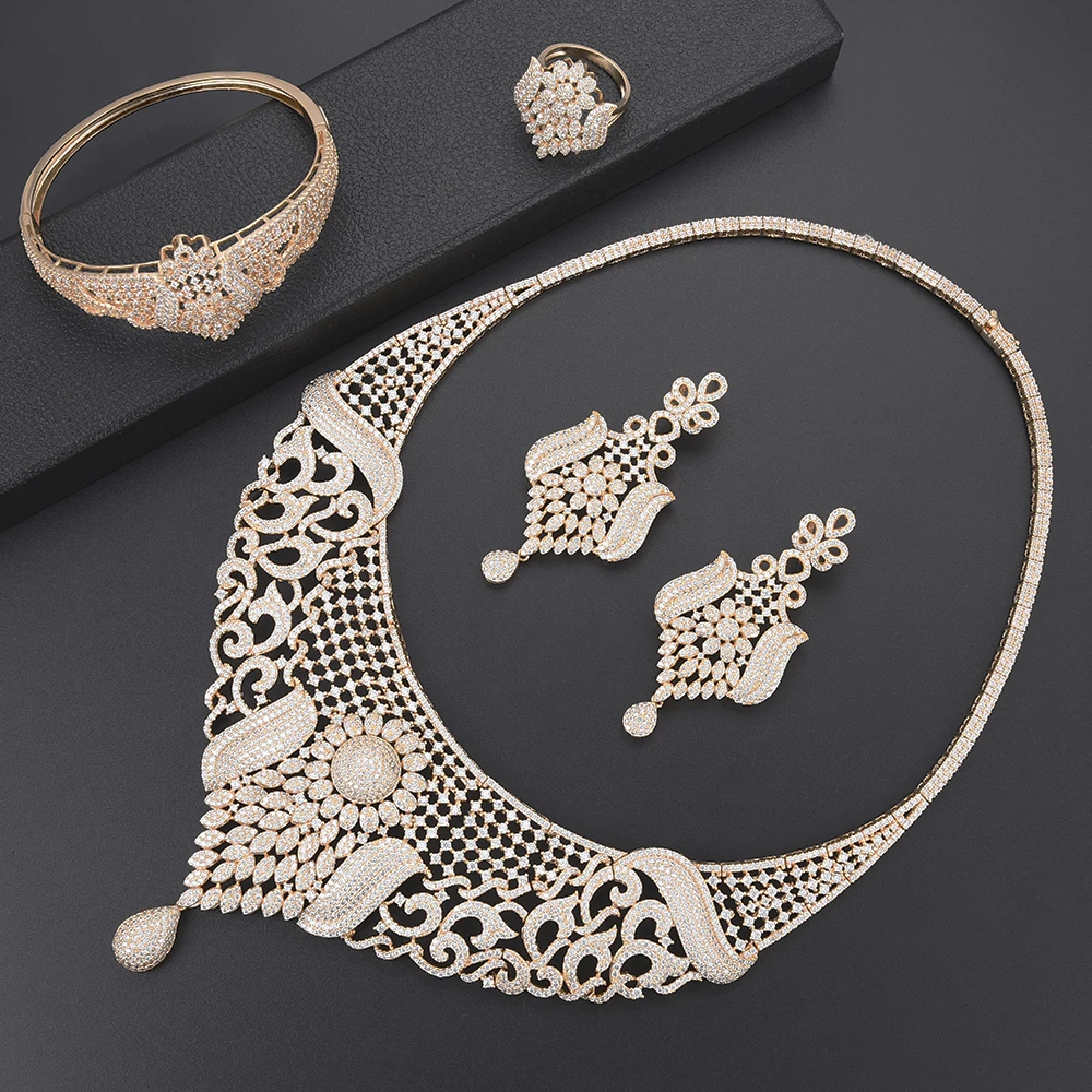 

Deluxe bridal jewelry sets Cubic Zirconia Dubai nigerian Jewelry sets for women Necklace Earrings set Bangle Ring Jewelry