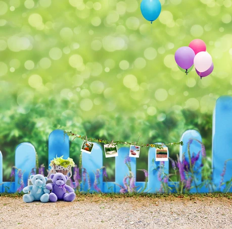 8x8FT Green Garden Spots Balloons Blue Fence Bears Kids Children Custom