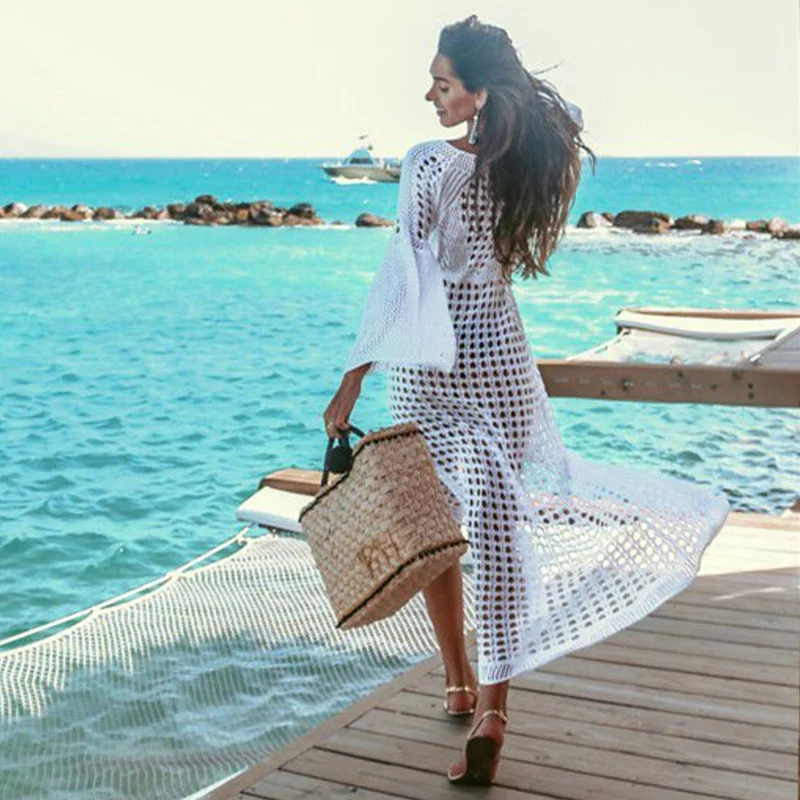 

Long Sleeve Crochet Beach Tunic Dress Long Sleeve Knit Cape Cover Ladies Long Bikinis Pareos maxi beachwear dresses Robe Plage