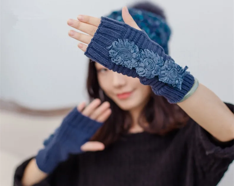 Новые цветочные женские перчатки наручные руки теплые зимние перчатки без пальцев вязаная рукавица