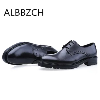 

Genuine leather men shoes fashion sewing round toe lace up thick bottom business dress shoes mens wedding shoes black work shoes