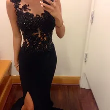 Новое поступление, вечерние платья, Vestidos De Festa Vestido Longo, черное кружевное платье с круглым вырезом и разрезом по бокам, платья для выпускного вечера
