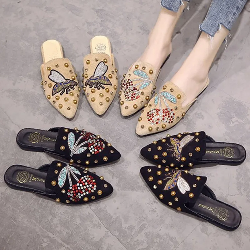 

crystal women flat casual women shoes embroidery mules rivet pointed toe fashion summer slippers platform flock rubber shoes 39