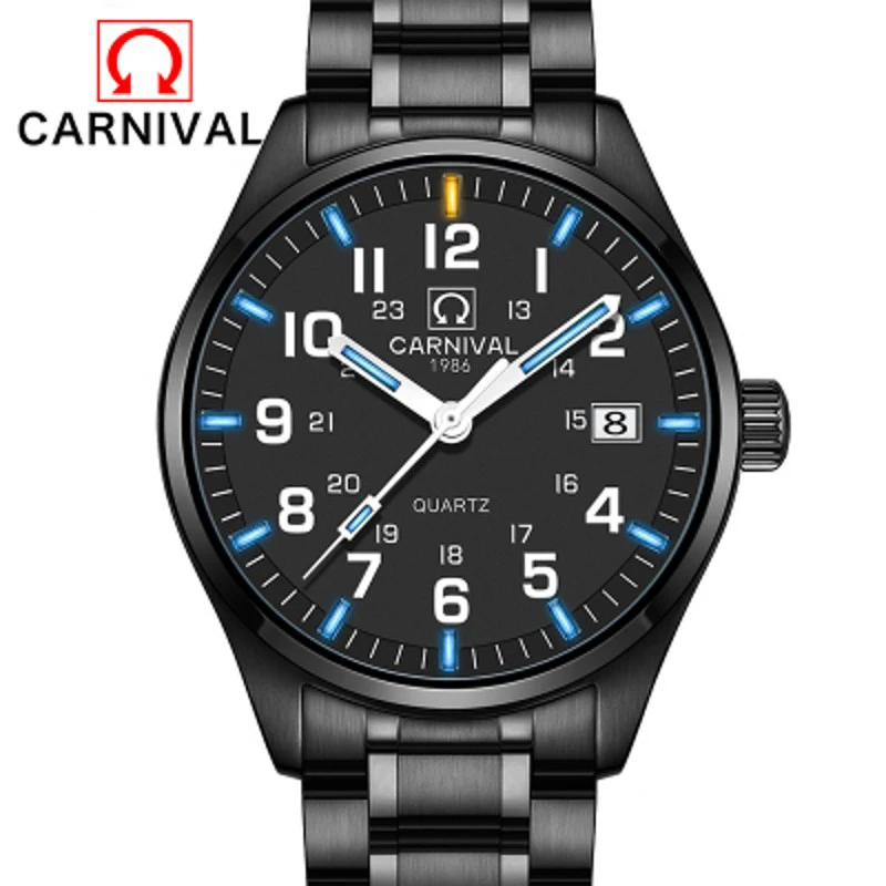 

Carnival Green Tritium Light Watch Men Quartz Tritium Luminous Waterproof Stainless Steel Black Watches