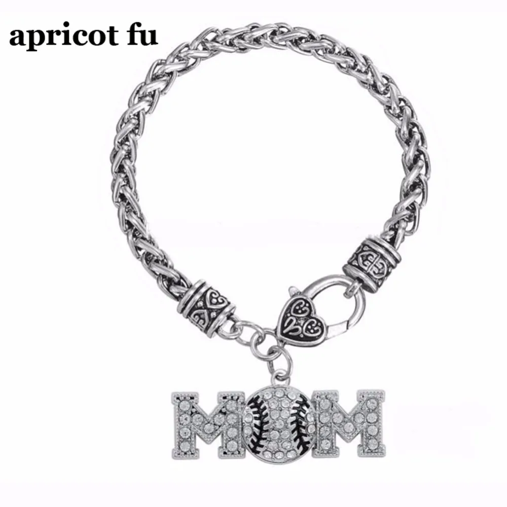 Sports Lover Gift Jewelry Crystal Baseball Softball Charm Wheat Chain Heart Lobster Clasp