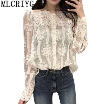 

Spring New 2019 Off Shoulder Lace Shirts Women's Fashion Blouses Hot Sale Long Sleeve Blouse For Women Clothing Slim shirt LX18