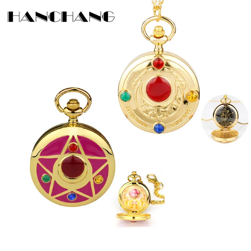 

HANCHANG Accessories Anime Sailor Moon Pocket Watch Necklace Women Girls Charms Pendants Long Link Chain Necklaces