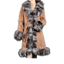 Винтажное Трендовое пальто из натуральной свиной кожи с воротником из лисьего меха зимнее женское теплое меховое пальто