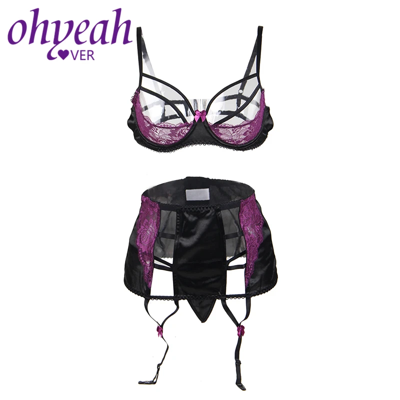 

Ohyeahlover Womens Lingerie Seamless Underwear Transparent Bra Set Conjunto RM80418 Purple And Black 3 Pcs Open Bust Bra Set