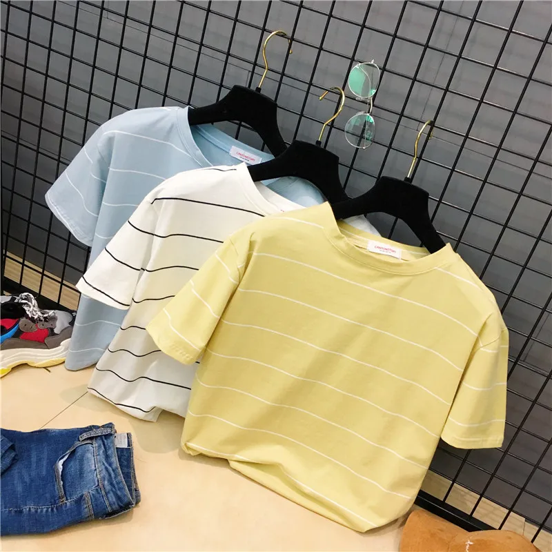 Harajuku женский милый карамельный цвет Повседневная мода большой размер корейский Полосатый Сладкий Свободный с коротким рукавом летняя футболка