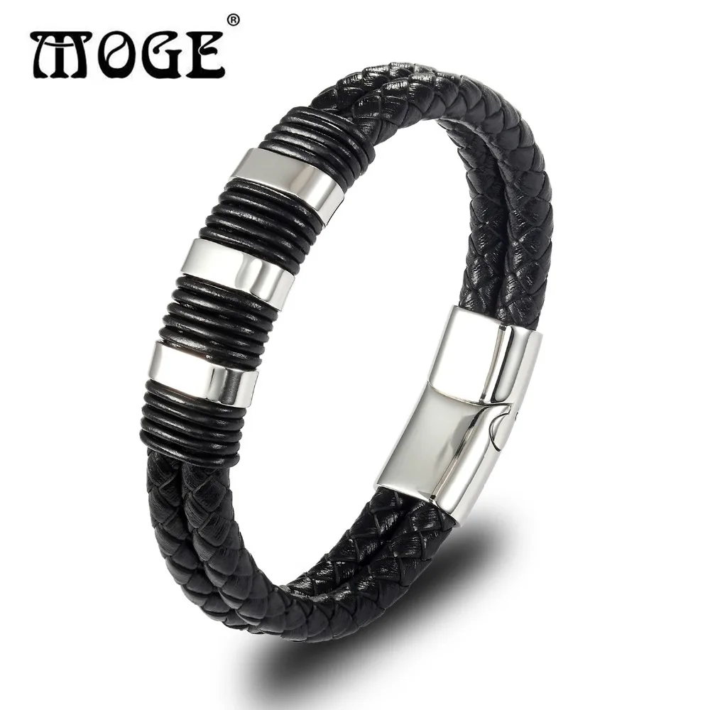 

MOGE Men Genuine Leather Bracelets Charm Stainless Steel Double Layer Rope Leather Bracelets&Bangles for Men Female Bracelets