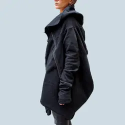 2019 Новая мода асимметричный подол Осенне-зимняя Дамская обувь пальто с капюшоном Верхняя одежда, куртки на молнии свободные толстовки