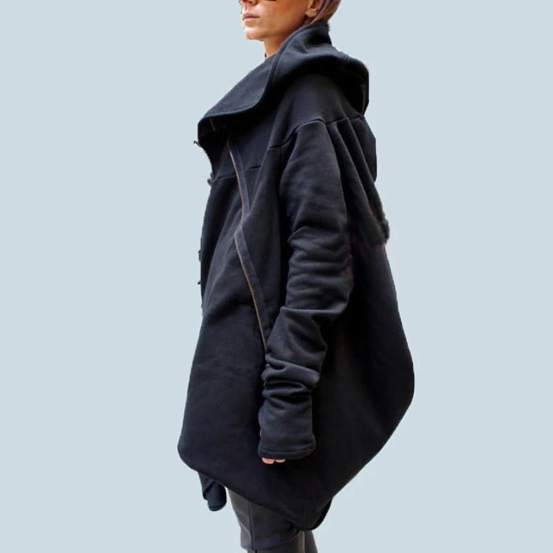 Hooded Asymmetric Hem Zipper Plain Outerwear