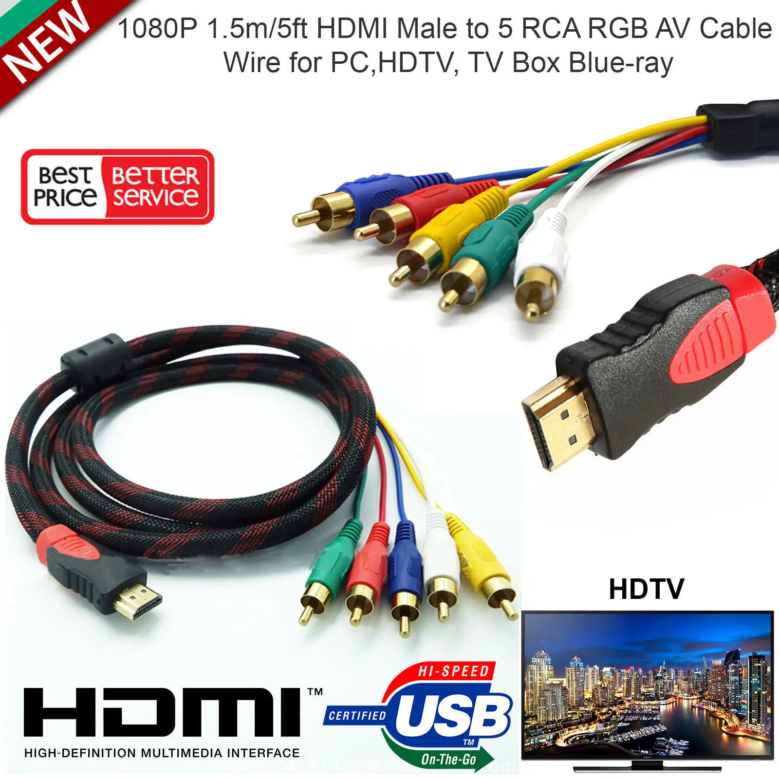 Generic 1.5M 5FT Male HDMI to 5 Male RCA Audio Video Cable Component