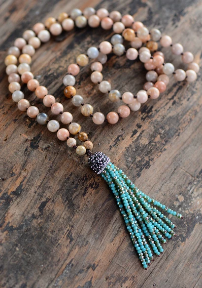 

High End 8MM Natural Sunstone Paved Rhinestone and Crystal Tassel Pendant Necklace Women Long Necklace Unique Jewelry Dropship