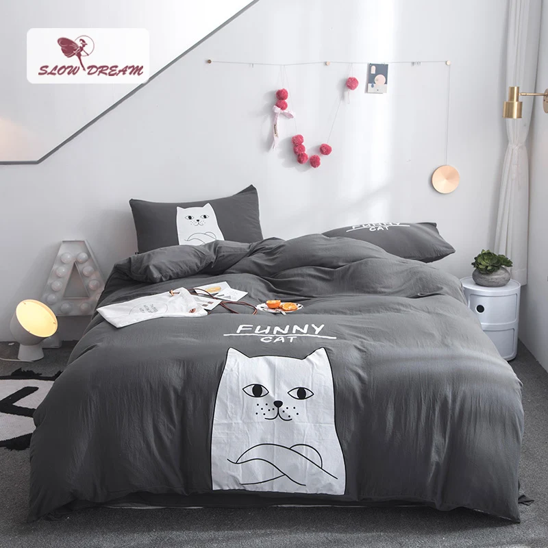 

SlowDream Cartoon Beddings Set Cat Bed Linens Cotton Bed Flat Sheet Double Queen King Bedspread Bedclothes Gray Duvet Cover Set
