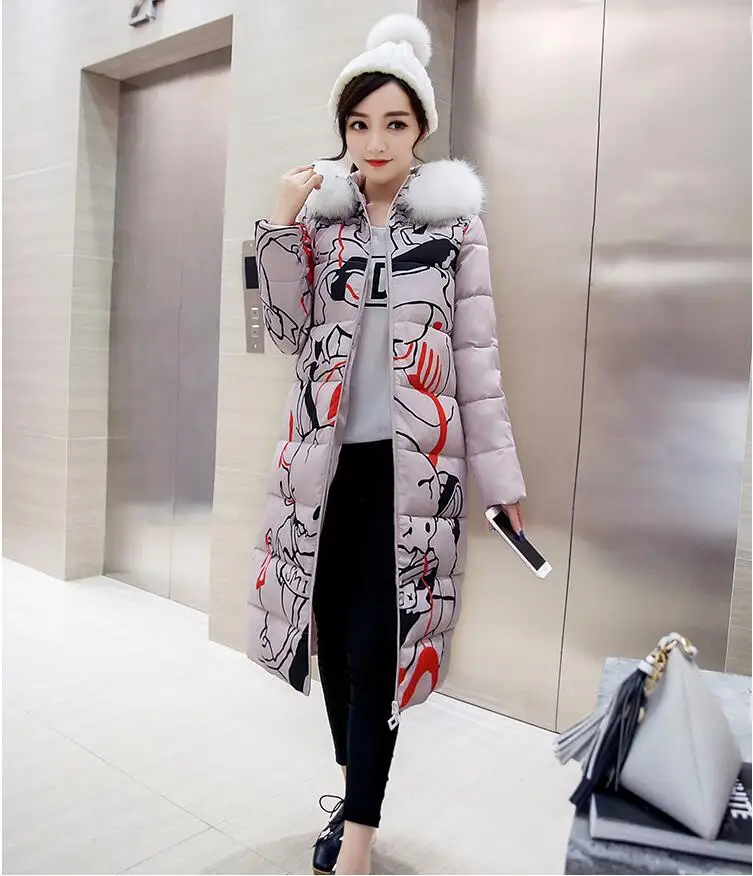Winter Down Coat Womens 2016 Plus Size Cartoon Printing Down Cotton Jacket Hooded Big Fur Collar Coats Long Winter Jacket Women