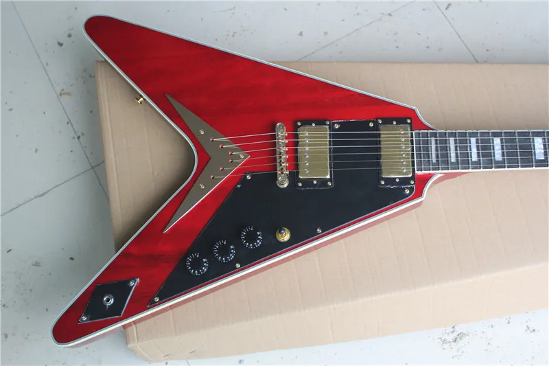 

Free shipping Chinese Factory Custom New Irregular shape red electric guitar with V model rosewood fingerboar 11YUE