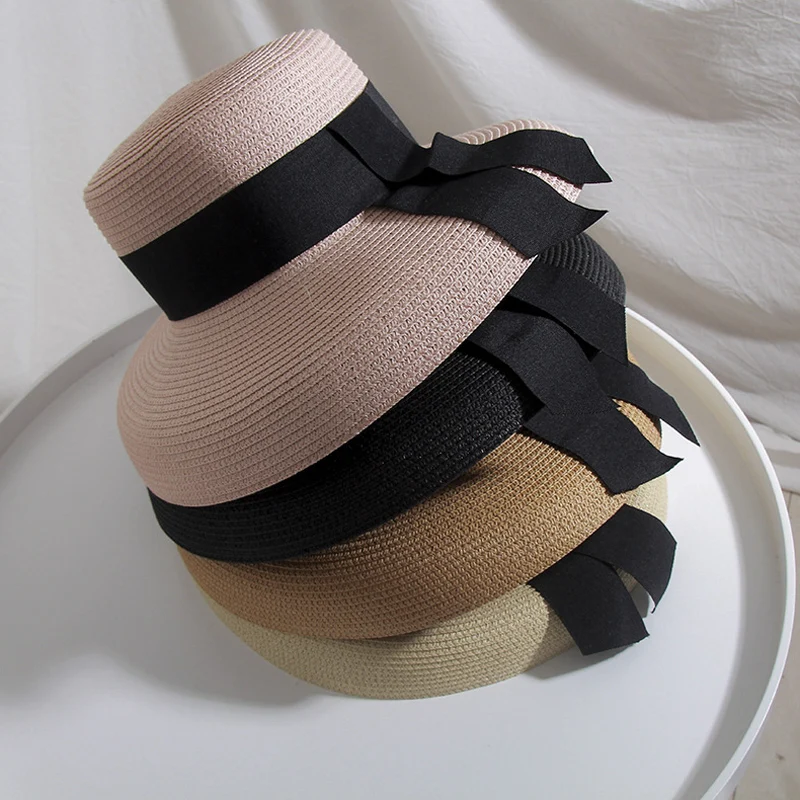Ymsaid Women's Sun Hat Summer Beach Straw Hat Women Boater With Ribbon Tie For Vacation Holiday Audrey Hepburn