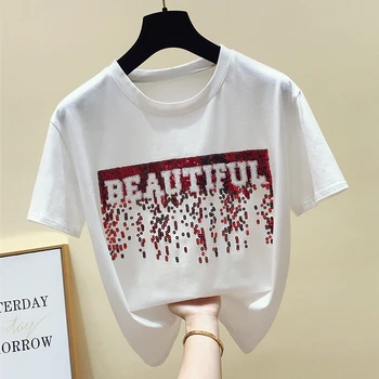 

2019 Summer New Fashion Beautiful Sequins Shirt Women's Letter White T-shirt Short-sleeved Loose Leisure Basic Tops Tee Lady