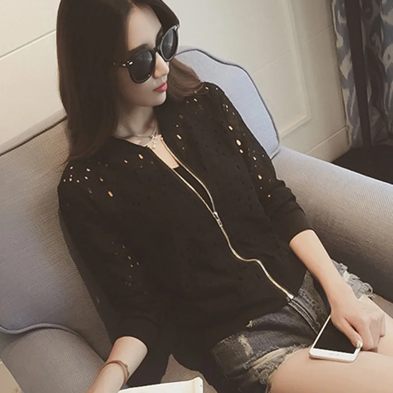

Korean Version Thin Hollow Out Lace Slim White Rash Guards Female Short zipper Baseball Jacket Coat