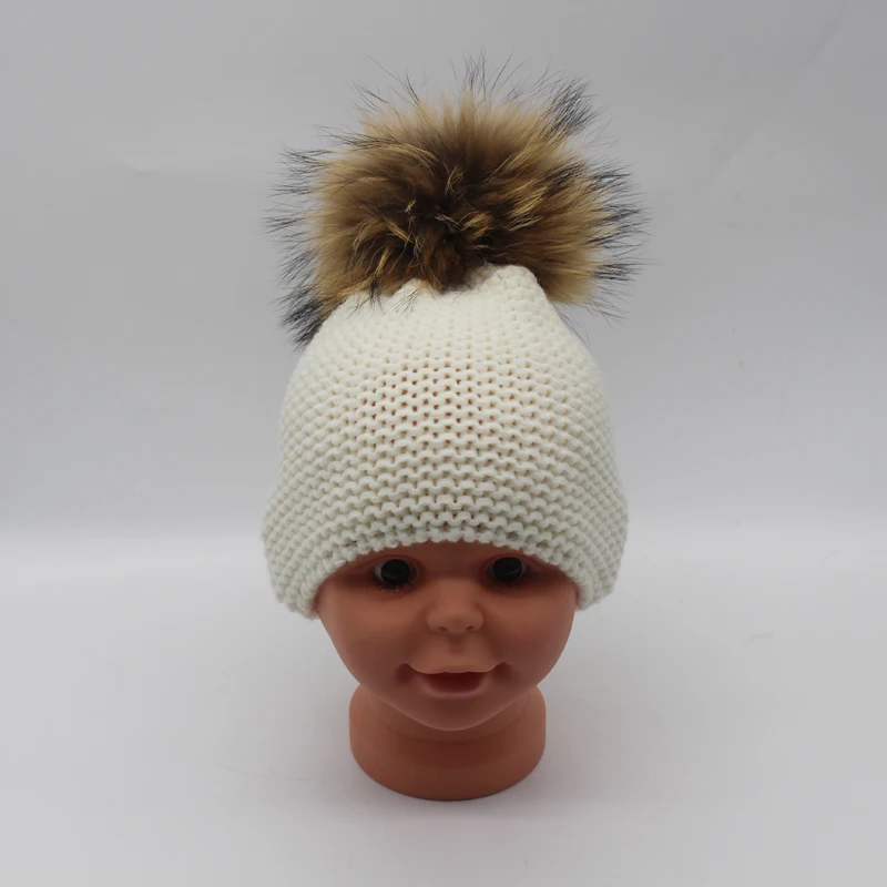 Зимняя детская шапка Skullies Beanies с натуральным мехом енота, шапка с помпоном для мальчиков и девочек, Теплая Шапка-бини для детей