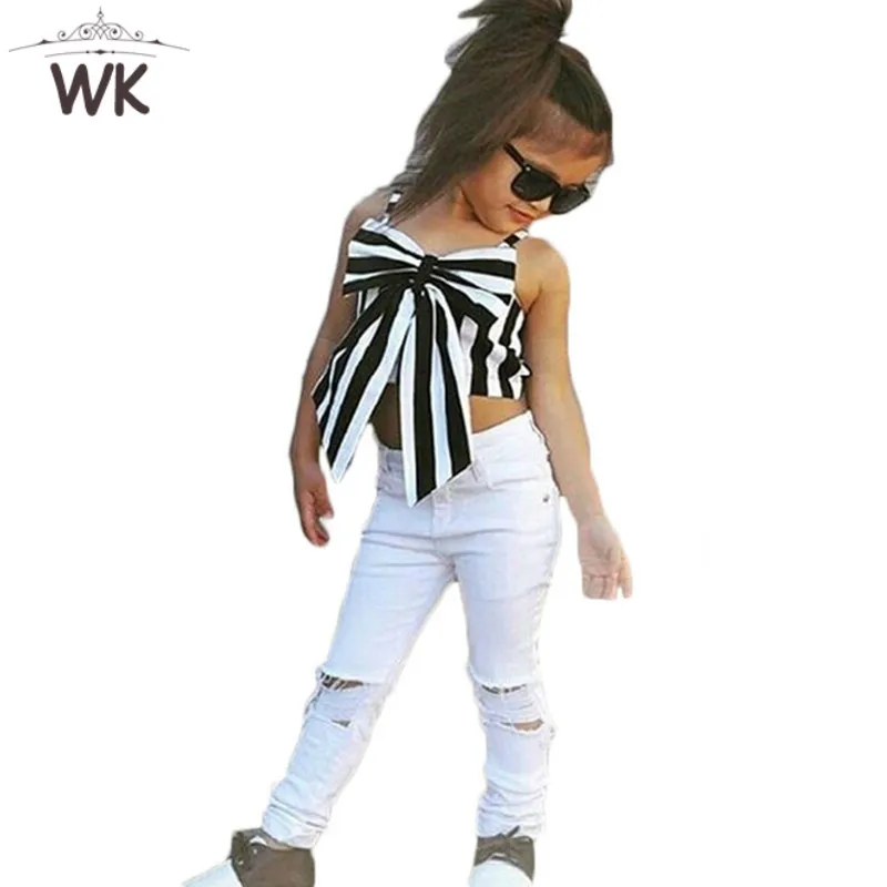 

2019 Girls Clothes Suit stripe sleeveless Blouse and white pants 2pcs/Set Fashion Strapless Shirt fashion Children's Suit JT-269