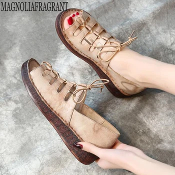 

flat Genuine Leather Fish mouth Women's sandals 2019 Summer new style footwear Lace shoes woman Handmade platform sandals c870