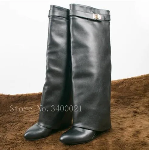 

2018 Fashion Genuine Leather Fold Over Shark Lock Chelsea Long Women Boots Flats Height Increasing Sexy Shoes Woman Runway