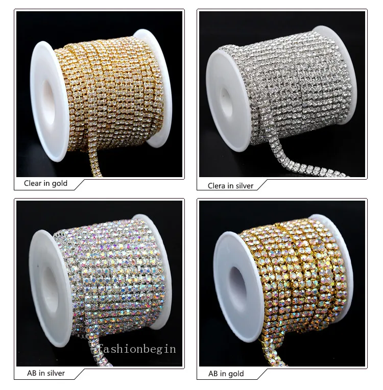 

1yard 2-Rows ss6 ss8 ss12 ss16 crystal clear/AB rhinestones Gold/silver plated cup claw close chain sew on Diamantes Ribbon Trim