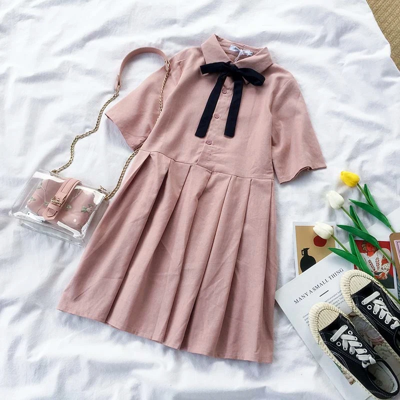 

2019 Summer Sweet Japanese Mori Girl Bow Pink Fresh Short Sleeve Dress Lolita Style College Elegant Sweet Dress