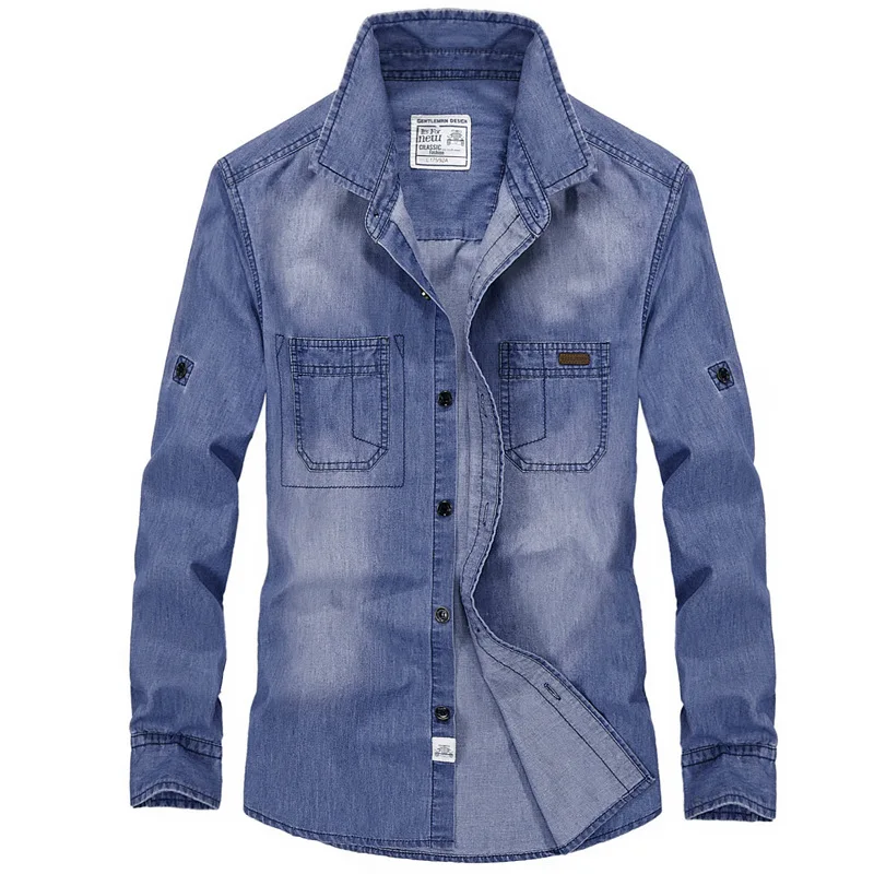 AFS JEEP брендовая джинсовая рубашка мужская рубашка с длинным рукавом Хлопок Военные мужские рубашки однобортные Большие размеры S-4XL Camisa Masculina - Цвет: Blue
