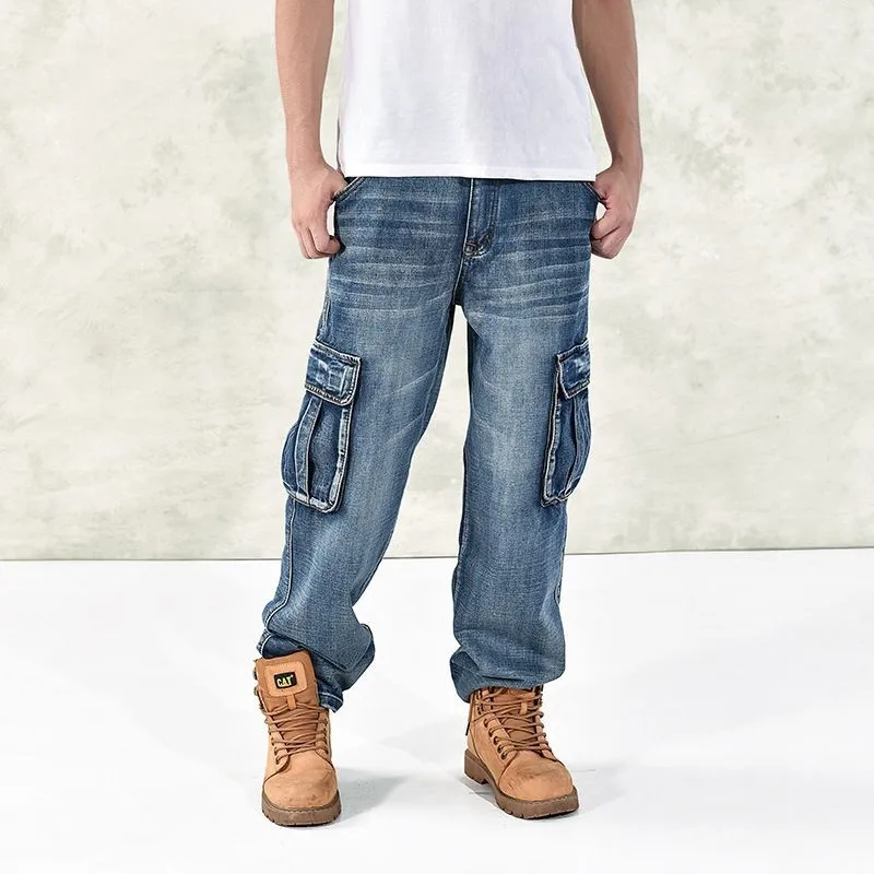 Осенние мужские мешковатые брюки-карго джинсы Мульти-карман джинсовой свободные штаны хип-хоп скейтборд джинсовые брюки в стиле ретро