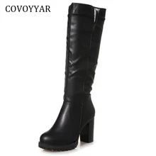 COVOYYAR/; удобные сапоги до колена; стразы; женская обувь на молнии сбоку; зимняя обувь на платформе и толстом высоком каблуке; женская обувь черного цвета; WBS688