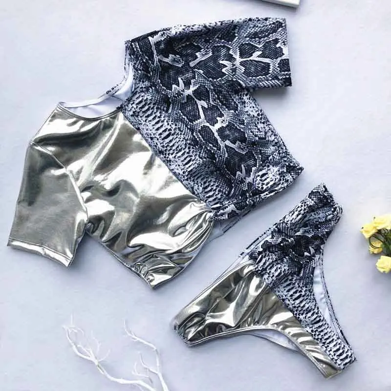 

Patchwork Swimsuit Women Leopard Swimwear Woman Two Pieces Separate Female Swimsuits Short Sleeve Push Up Women's Swimming Suit