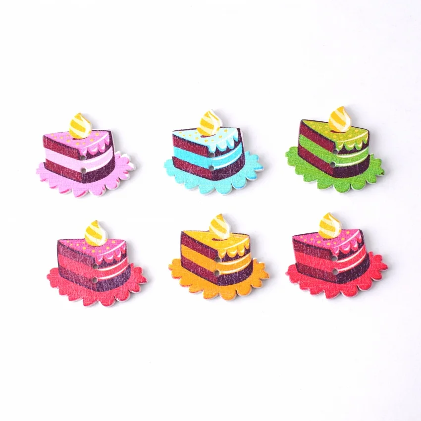 

Free shipping -Hot New Random 50pcs Mixed 2 Holes Food Mousse Cake Pattern Wood Sewing Buttons Scrapbooking 26x31mm